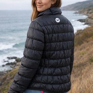 Roxy Black Dark Navy Puffer Jacket with Pink Trim Accents
